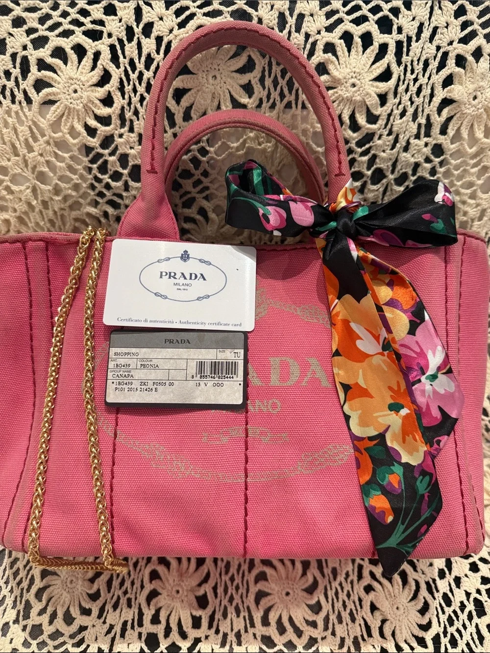Prada Pink Canapa Canvas Tote with Floral Scarf Accent